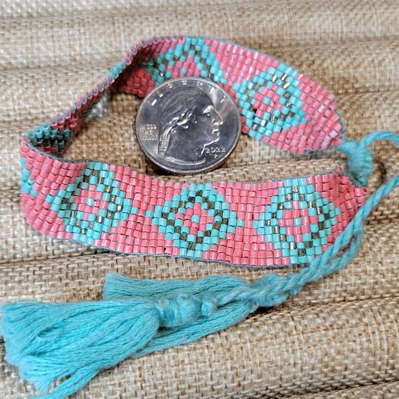 Pink & Turquoise Costume Jewelry Set Earrings, Beaded Bangle, Handmade Bracelet - Picture 6 of 9